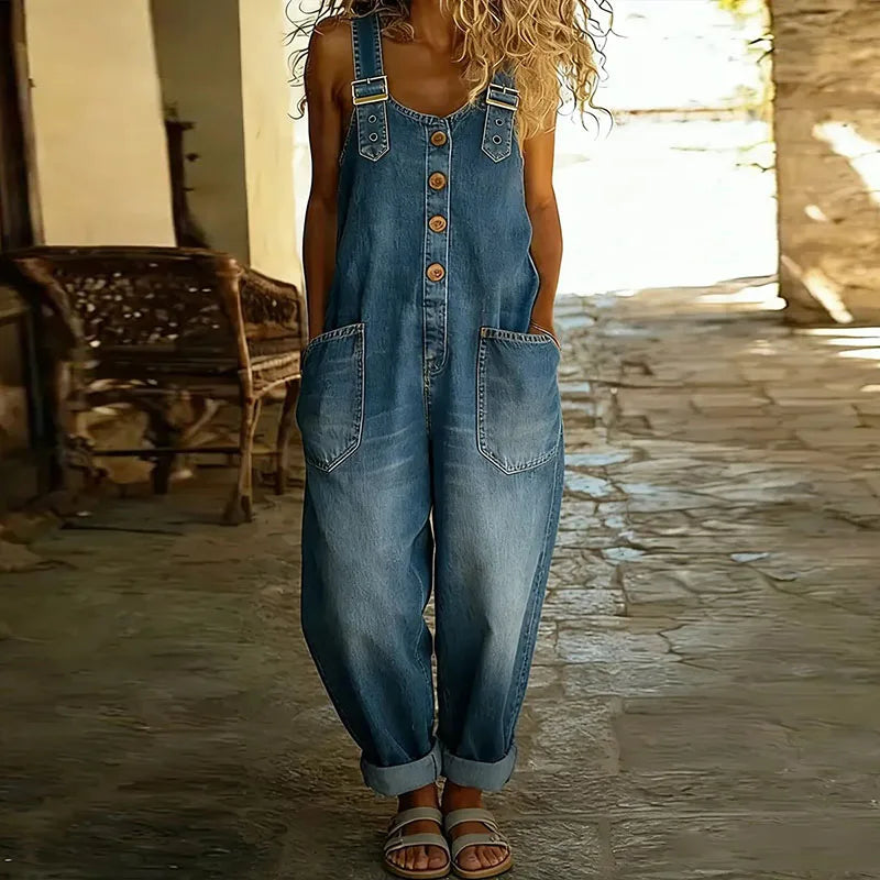 Carmen - Mono de denim vintage en algodón suave con tirantes ajustables
