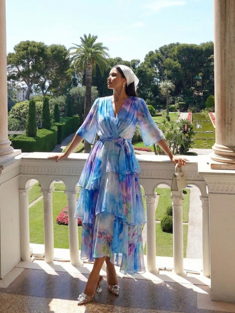 Calista | Vestido maxi transparente con escote en V y cinturón anudado