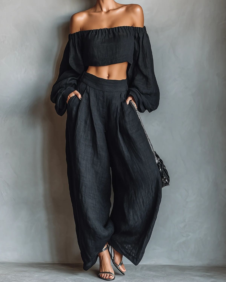 Tess™ | Conjunto de hombros descubiertos con pantalón ancho