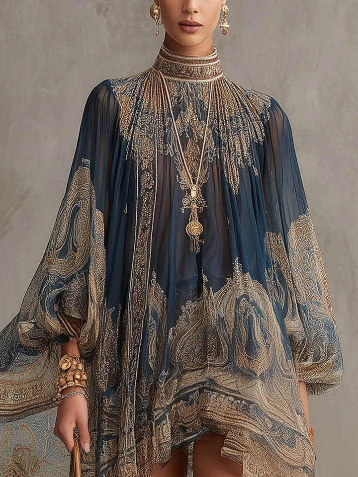 Bérénice | Mini Vestido de Muselina Asimétrica con Estampado Barroco en Azul Marino y Cuello Alto