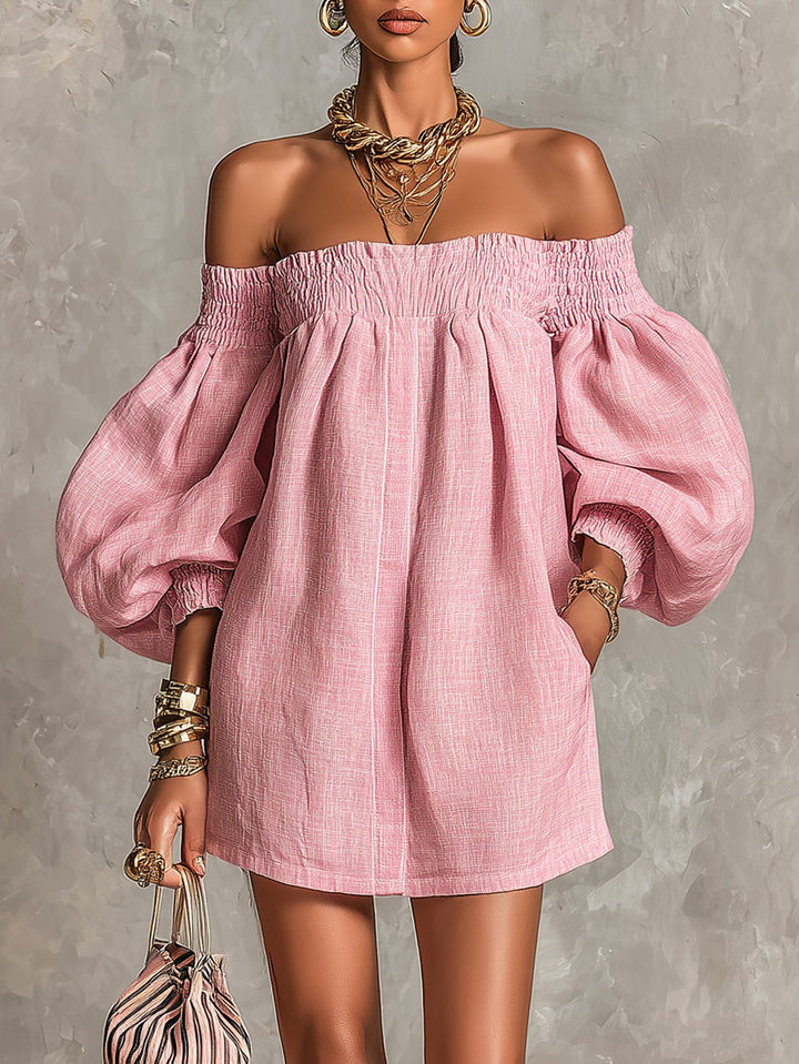 Violette | Mini vestido A-line rosa con mangas de farol y hombros descubiertos