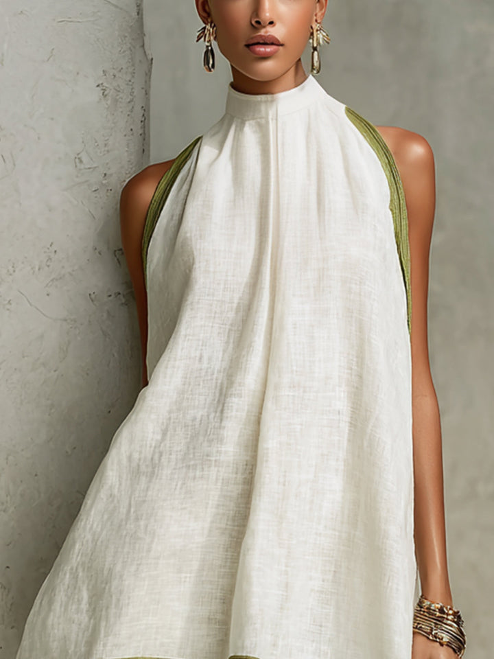 Agathe | Vestido Mini A-línea Sin Mangas Blanco y Verde Oliva con Flores