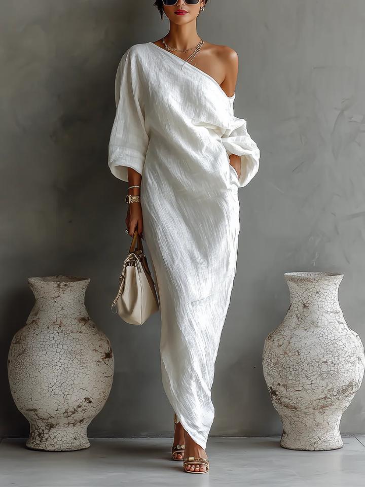 Elise™ | Elegante vestido maxi de un hombro en blanco