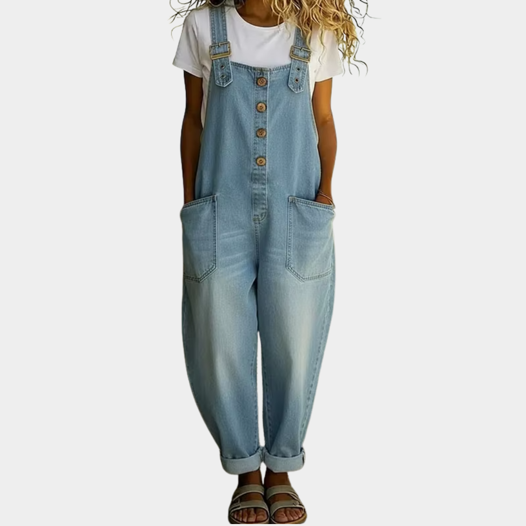 Carmen - Mono de denim vintage en algodón suave con tirantes ajustables