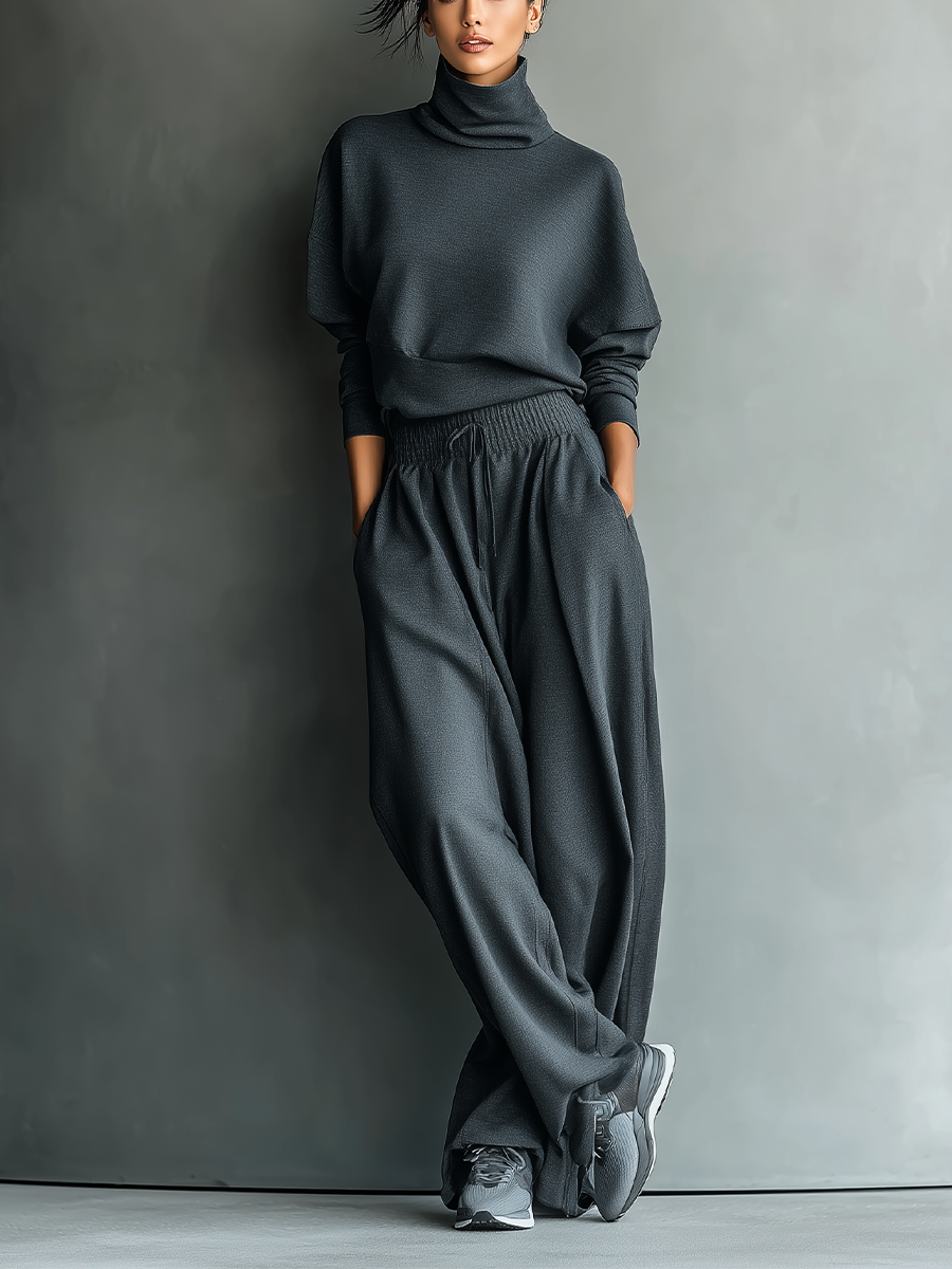 Conjunto de Top Oversized con Cuello Alto en Carbón y Pantalón Amplio para Mujeres MDA2435L7T