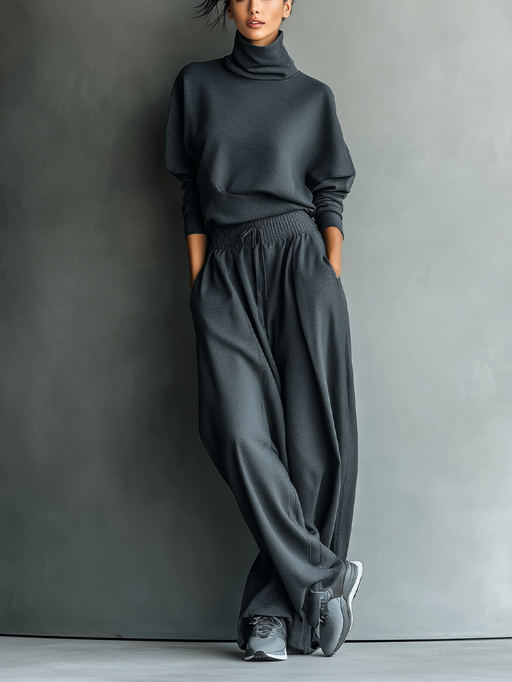 Conjunto de Top Oversized con Cuello Alto en Carbón y Pantalón Amplio para Mujeres MDA2435L7T