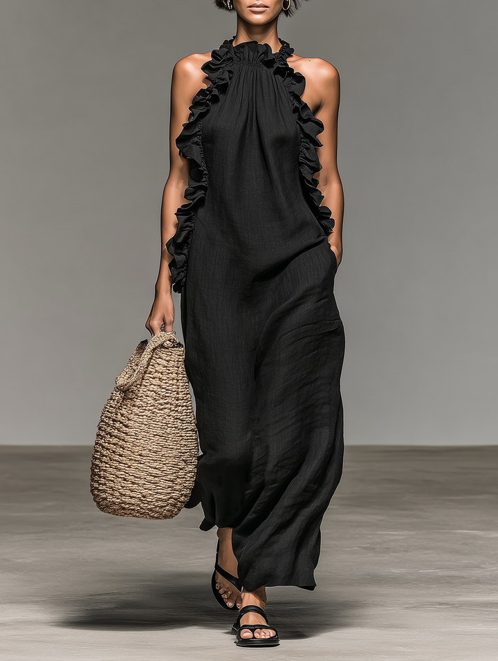 Vestido Maxi Sin Mangas en Mezcla de Lino Minimalista para Mujeres con Detalles Fruncidos MDZ1622A0Y