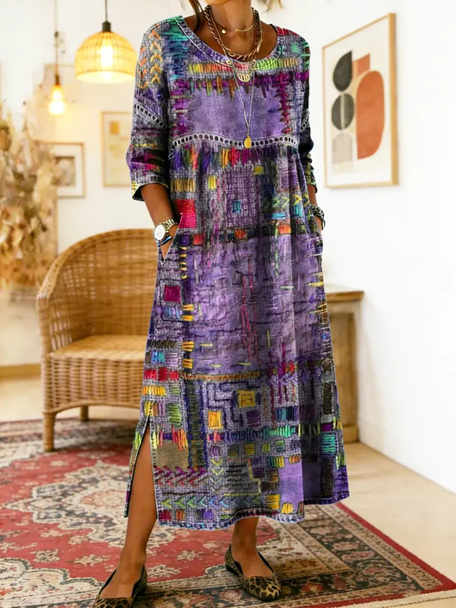 Manuela | Vestido de Denim con Patchwork Étnico