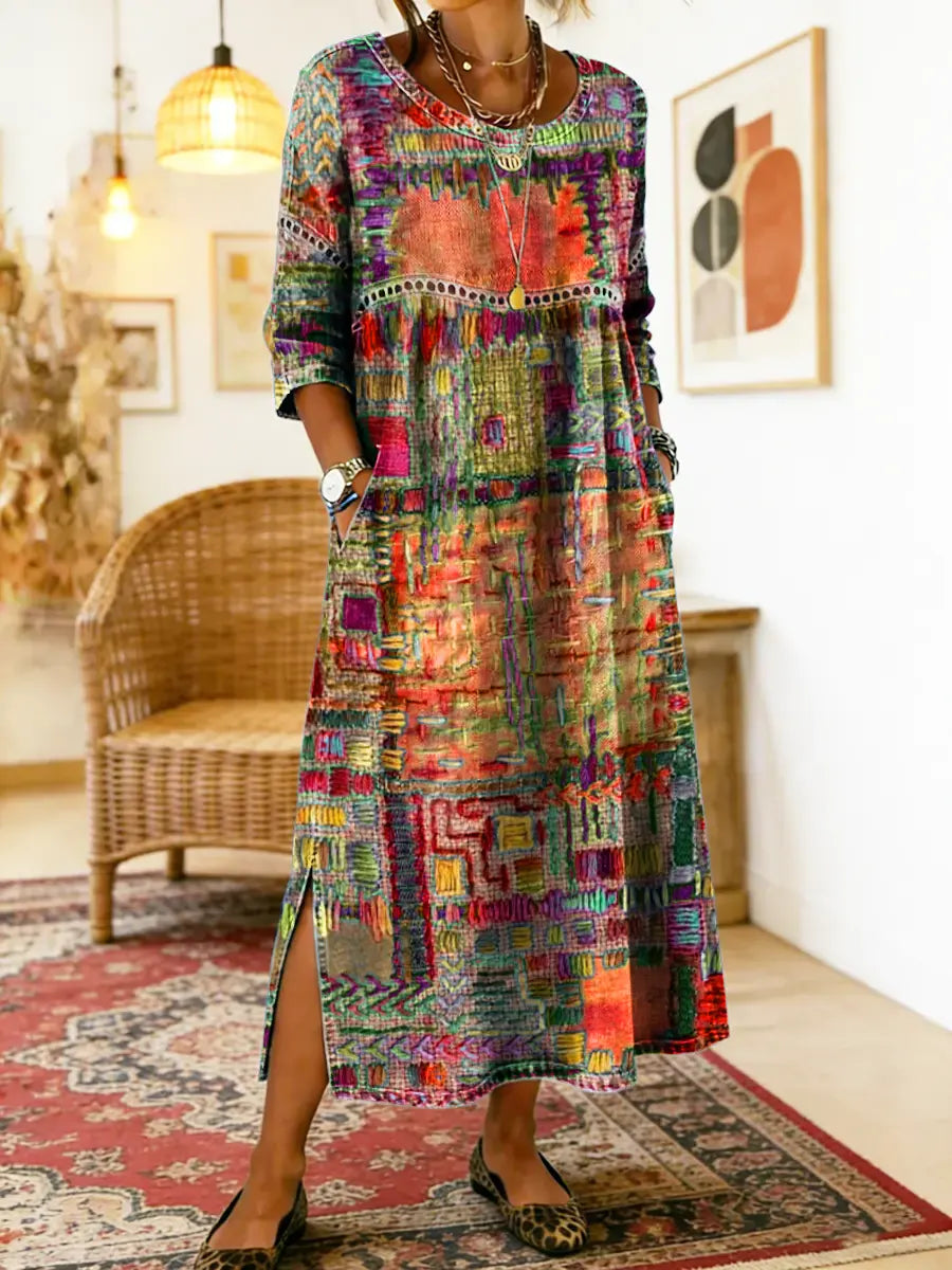 Manuela | Vestido de Denim con Patchwork Étnico