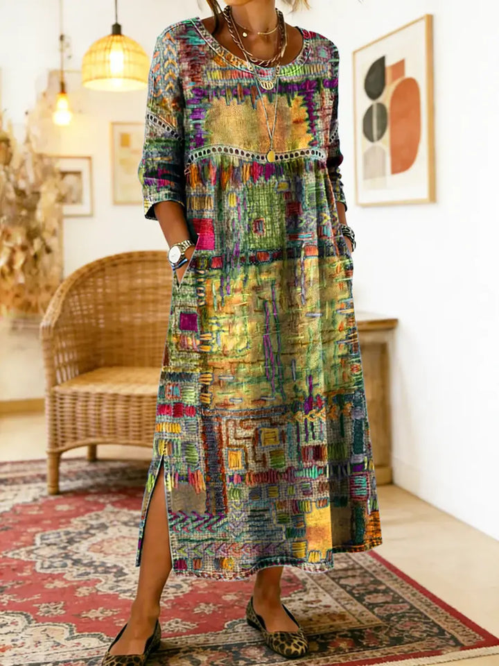 Manuela | Vestido de Denim con Patchwork Étnico