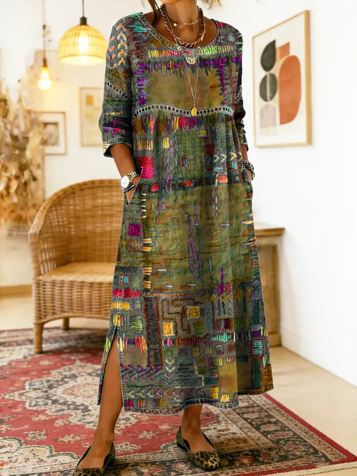 Manuela | Vestido de Denim con Patchwork Étnico