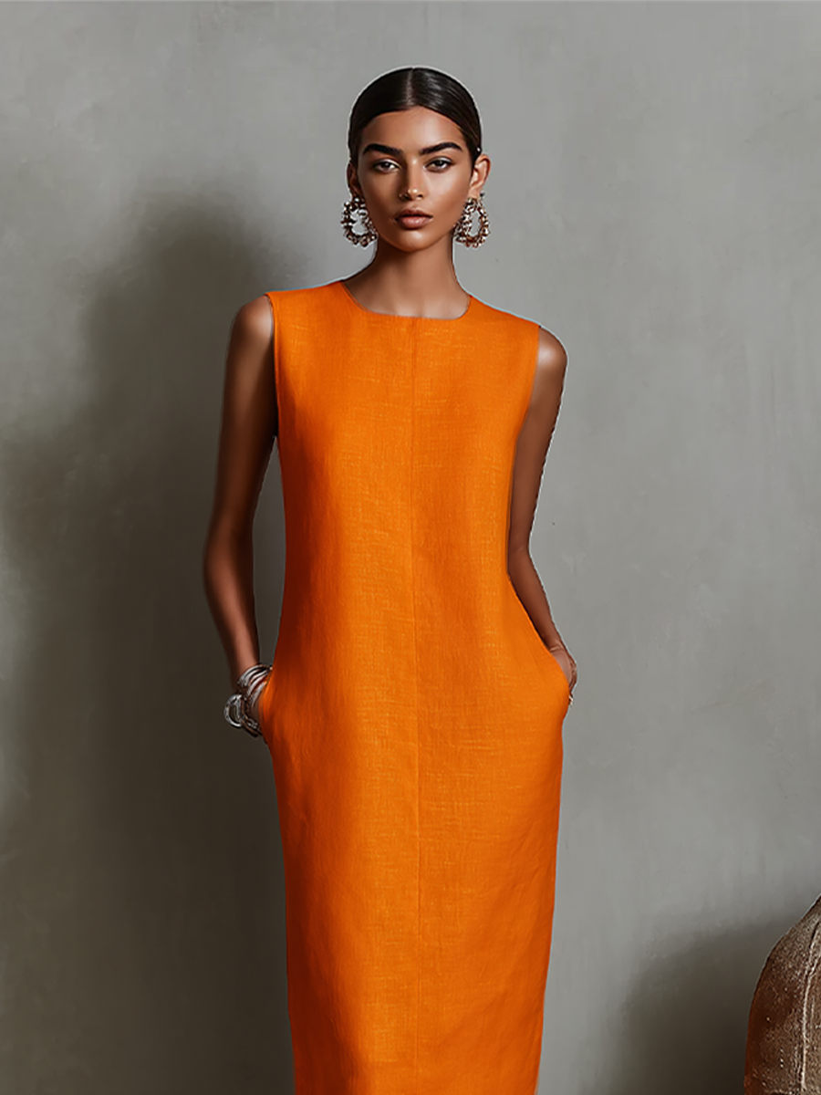Ropa Shift de Lino Naranja para Mujeres con Cuello Redondo Sin Mangas y Bolsillos Laterales, Estilo Elegante Minimalista Atemporal MDZ2851C7I