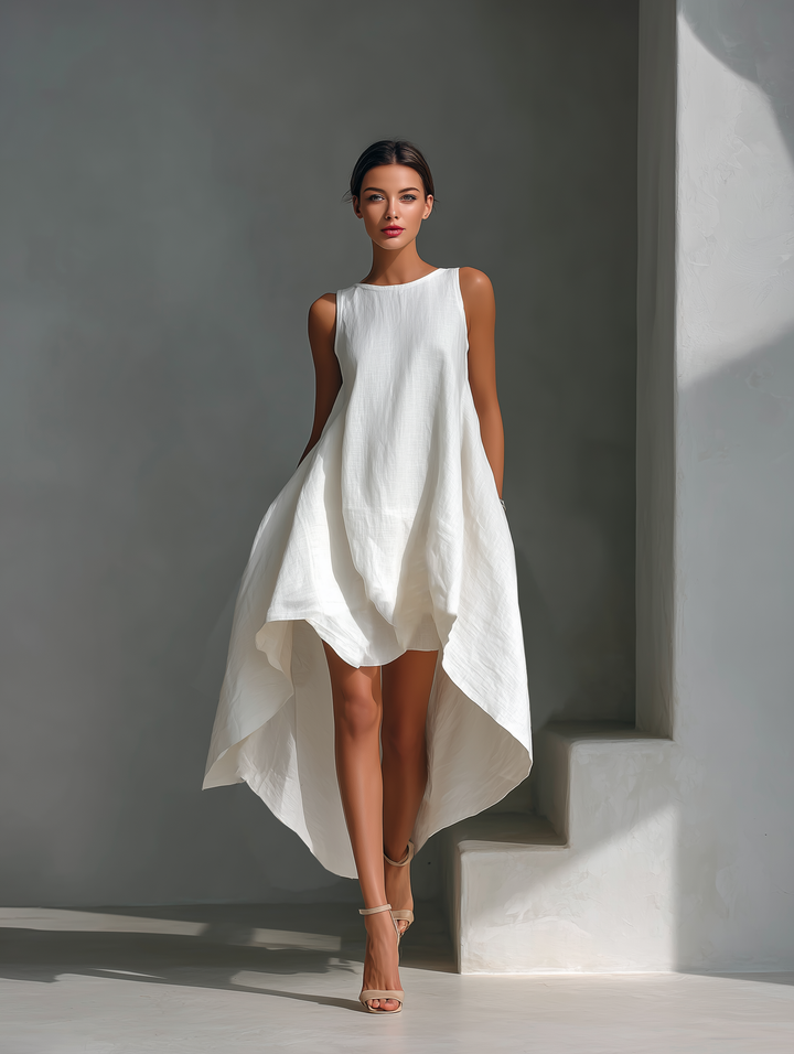Ropa Midi Sin Mangas de Lino Blanco para Mujeres con Cuello Redondo y Dobladillo Asimétrico MDZ0987B9T