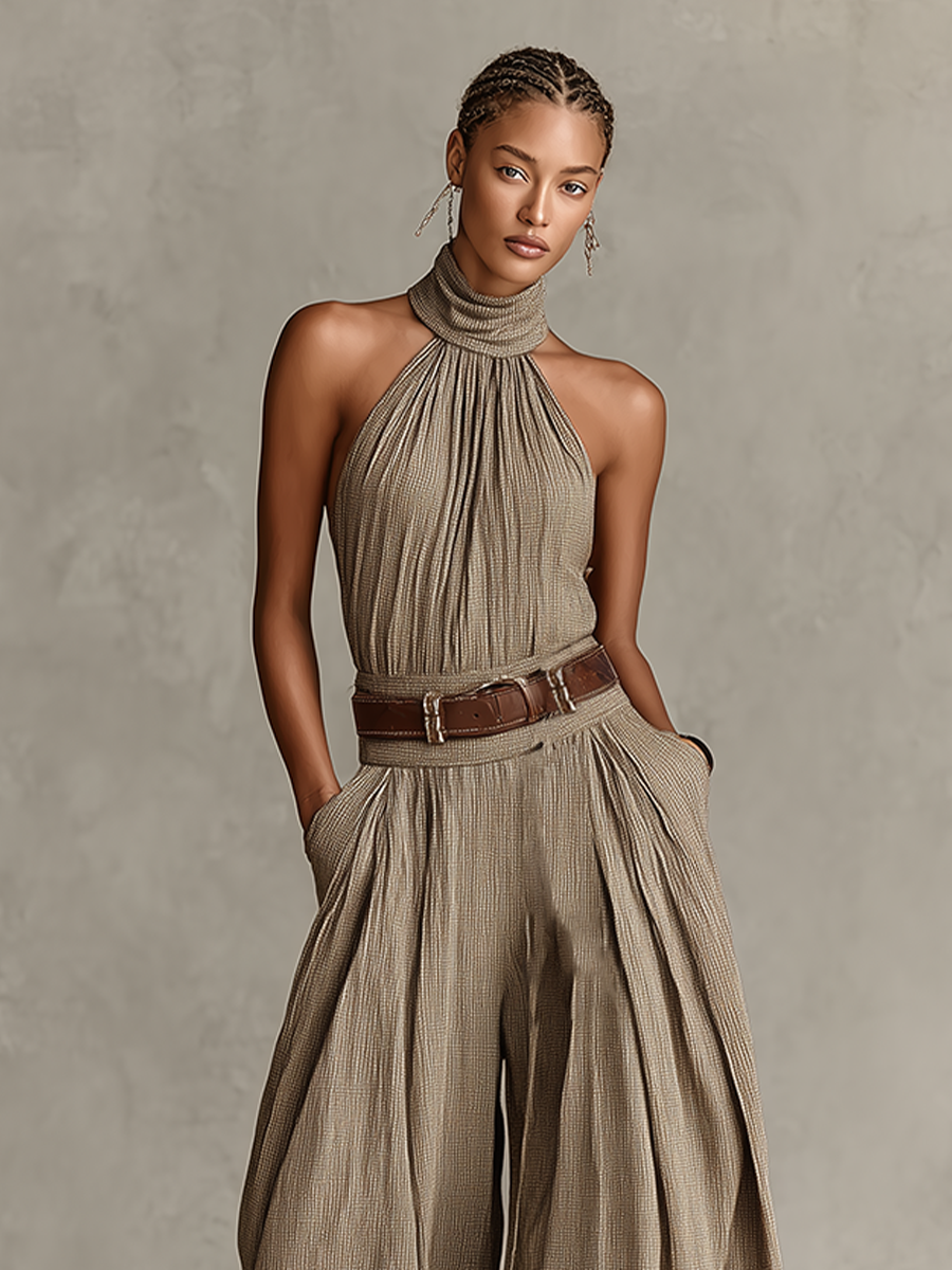 Mono Mujer Taupe Mezcla Algodón Con Cuello Halter & Pantalones Anchos, Estilo Boho-Élégante Atemporal (Sin Cinturón) MDZ0940C3I
