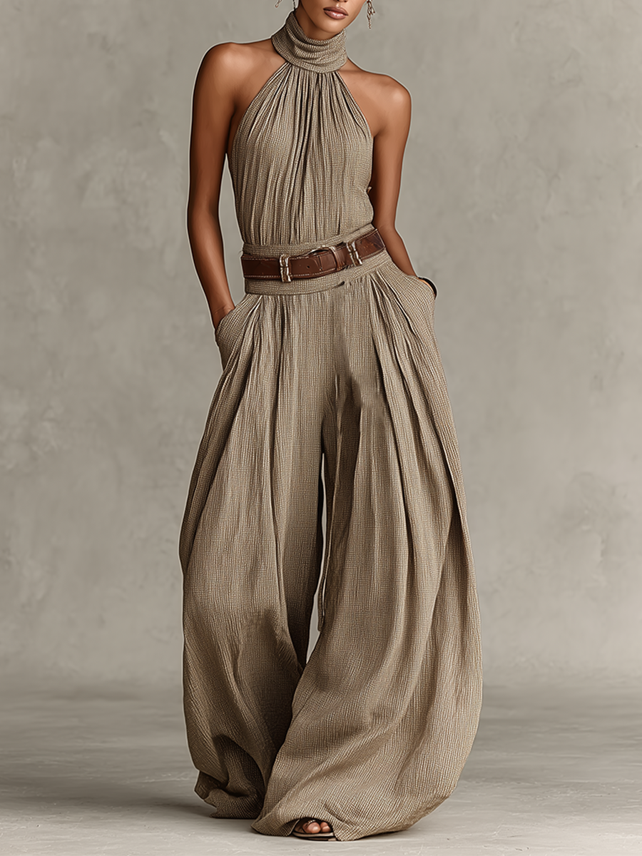 Mono Mujer Taupe Mezcla Algodón Con Cuello Halter & Pantalones Anchos, Estilo Boho-Élégante Atemporal (Sin Cinturón) MDZ0940C3I