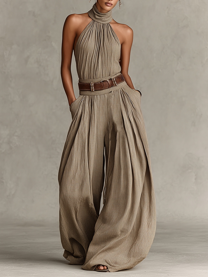 Mono Mujer Taupe Mezcla Algodón Con Cuello Halter & Pantalones Anchos, Estilo Boho-Élégante Atemporal (Sin Cinturón) MDZ0940C3I
