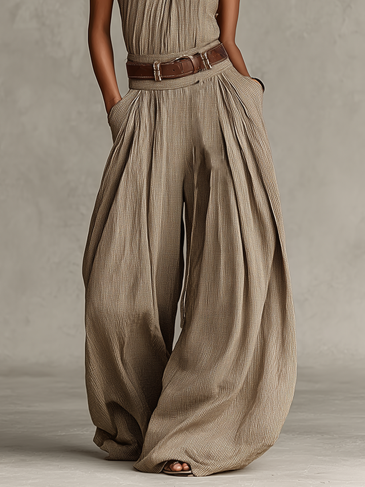 Mono Mujer Taupe Mezcla Algodón Con Cuello Halter & Pantalones Anchos, Estilo Boho-Élégante Atemporal (Sin Cinturón) MDZ0940C3I
