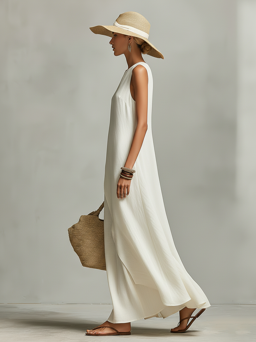 Vestido de Lino Transpirable Marfil para Mujeres con Detalle Sin Mangas y Dobladillo Asimétrico, Estilo Informal y Femenino Contemporáneo MDZ0408C2I