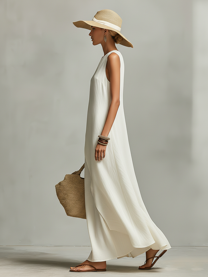 Vestido de Lino Transpirable Marfil para Mujeres con Detalle Sin Mangas y Dobladillo Asimétrico, Estilo Informal y Femenino Contemporáneo MDZ0408C2I