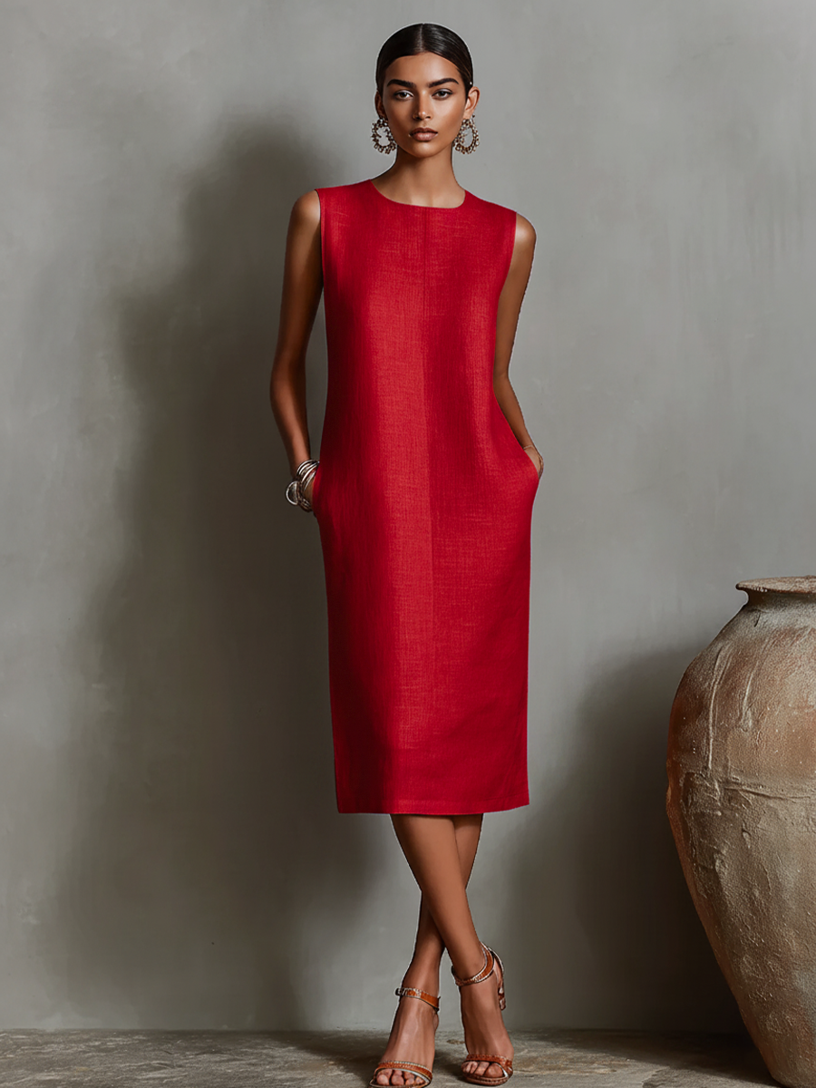 Ropa Shift de Lino Naranja para Mujeres con Cuello Redondo Sin Mangas y Bolsillos Laterales, Estilo Elegante Minimalista Atemporal MDZ2851C7I