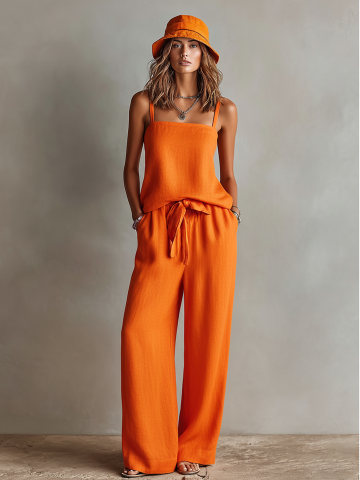 Conjunto de Dos Piezas de Lino Naranja para Mujeres con Top Cami de Cuello Cuadrado & Pantalón Ancho con Cintura con Lazo, Estilo Boho-Resort Atemporal MDZ0825D5I