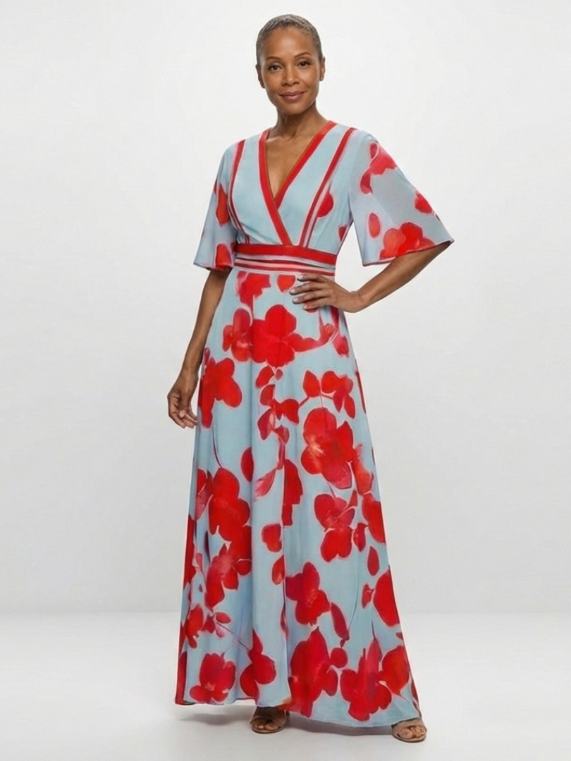 Corinne | Vestido de flores con mangas cortas y escote en V