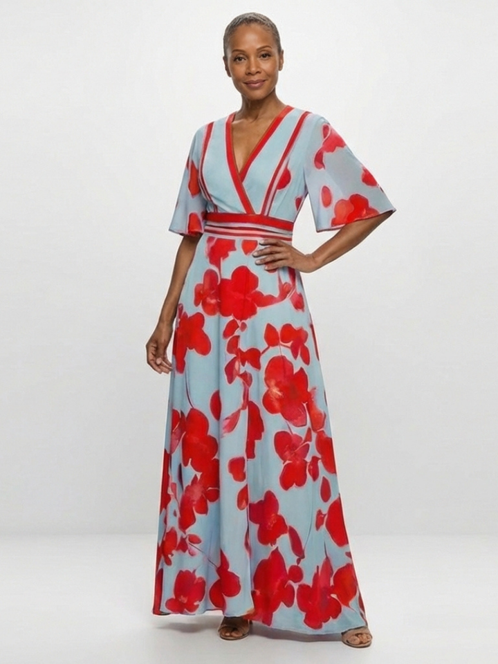 Corinne | Vestido de flores con mangas cortas y escote en V