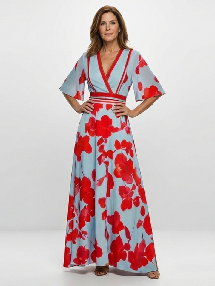 Corinne | Vestido de flores con mangas cortas y escote en V