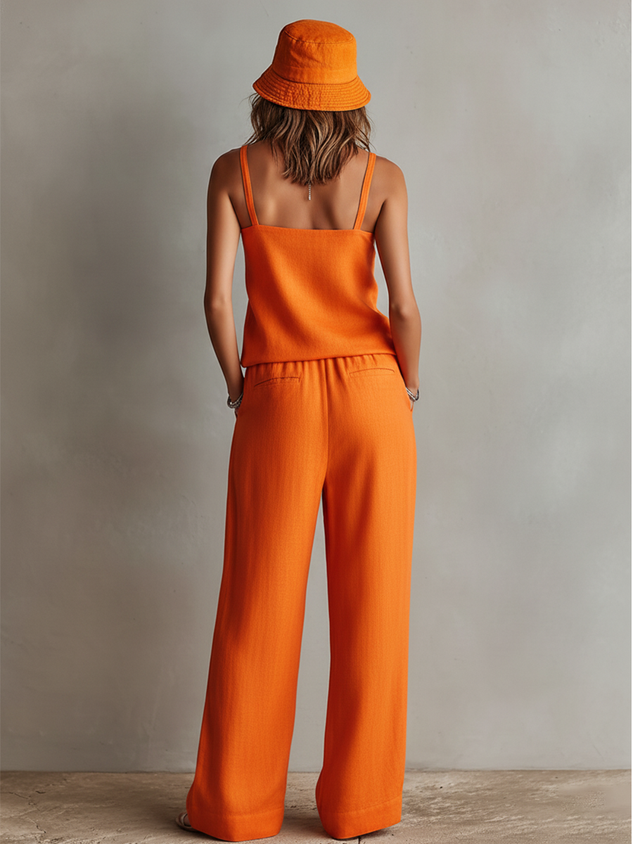Conjunto de Dos Piezas de Lino Naranja para Mujeres con Top Cami de Cuello Cuadrado & Pantalón Ancho con Cintura con Lazo, Estilo Boho-Resort Atemporal MDZ0825D5I