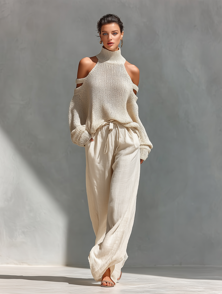 Suéter de Cuello Alto con Hombros Descubiertos de Algodón Tejido Beige para Mujeres & Conjunto de Pantalón Amplio MDZ0984A5T