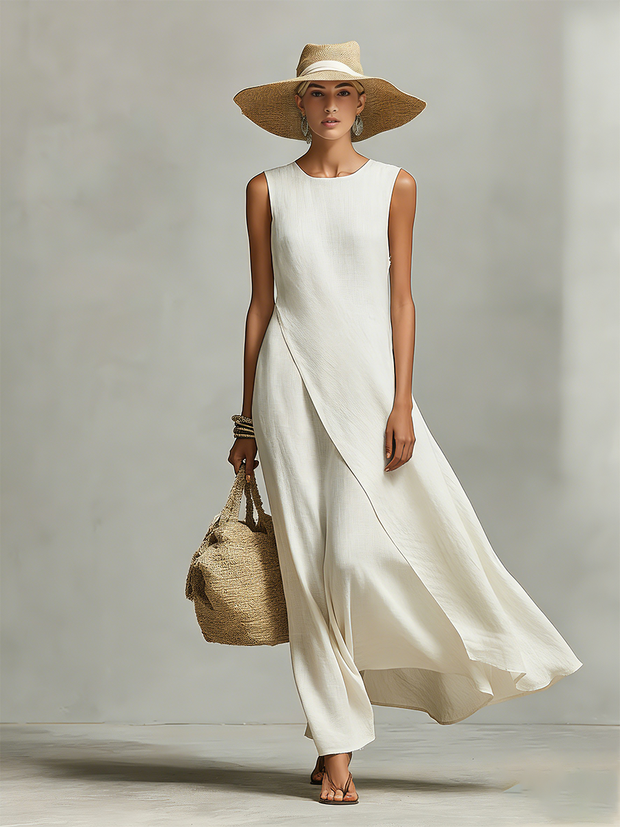 Vestido de Lino Transpirable Marfil para Mujeres con Detalle Sin Mangas y Dobladillo Asimétrico, Estilo Informal y Femenino Contemporáneo MDZ0408C2I
