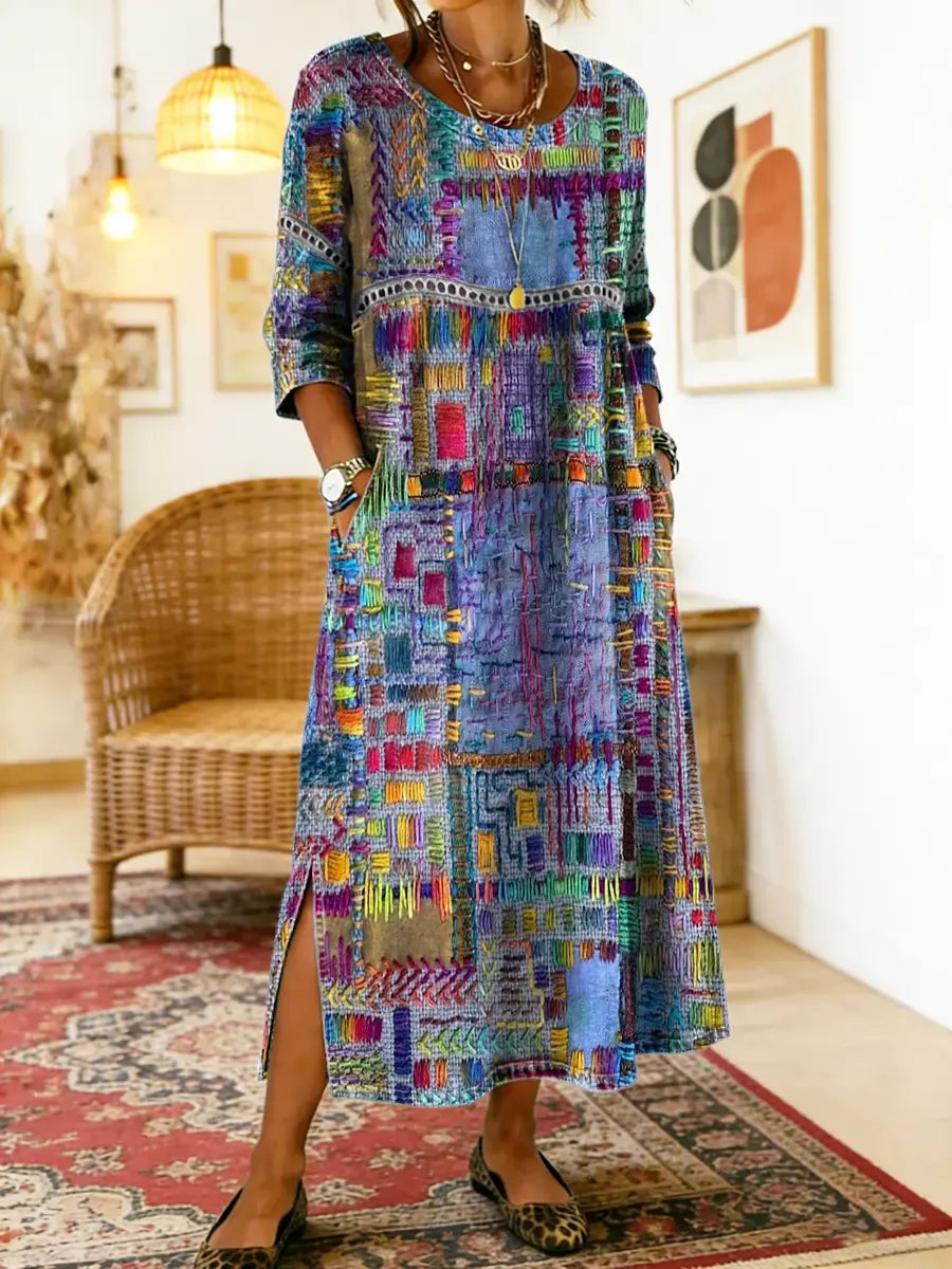 Manuela | Vestido de Denim con Patchwork Étnico