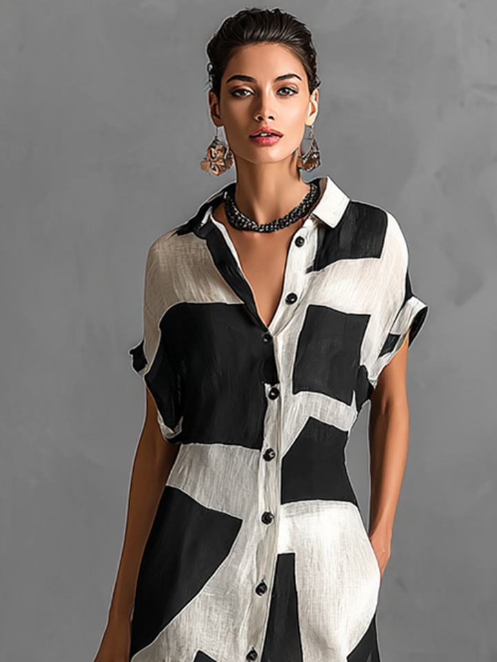 Ropa de Camisa Maxi de Manga Corta en Mezcla de Algodón y Lino para Mujeres con Estampado Geométrico Irregular y Cuello de Solapa, Botón Único MDA1689G1Y