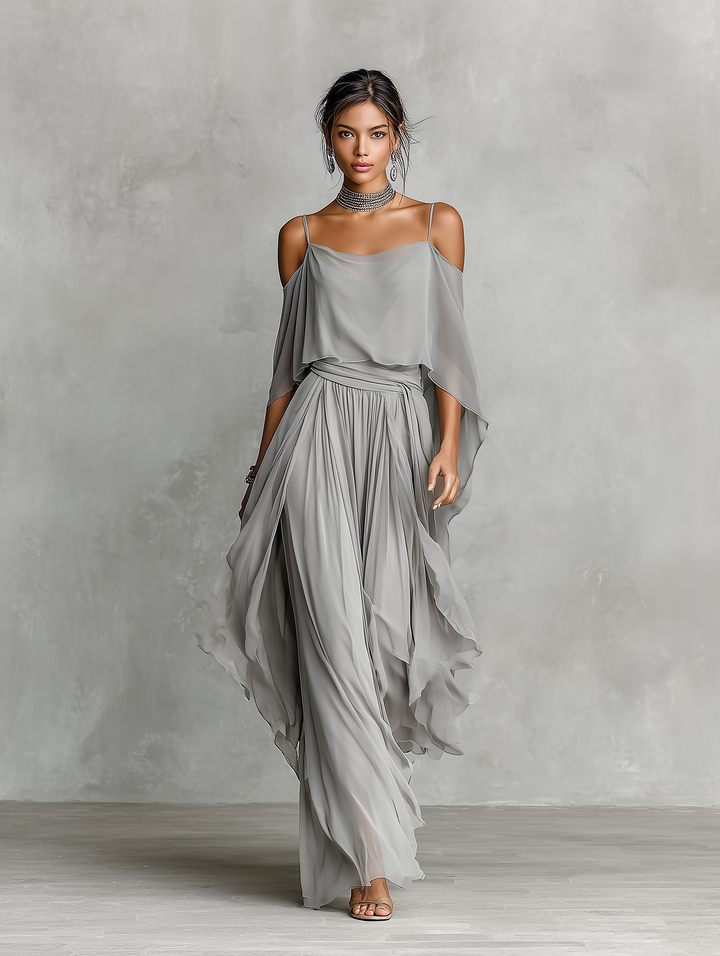 Conjunto de Chifón Transpirable Gris para Mujeres con Detalle de Hombro Descubierto & Silueta Acampanada, Estilo Femenino Lujo Contemporáneo MDZ2651B6I