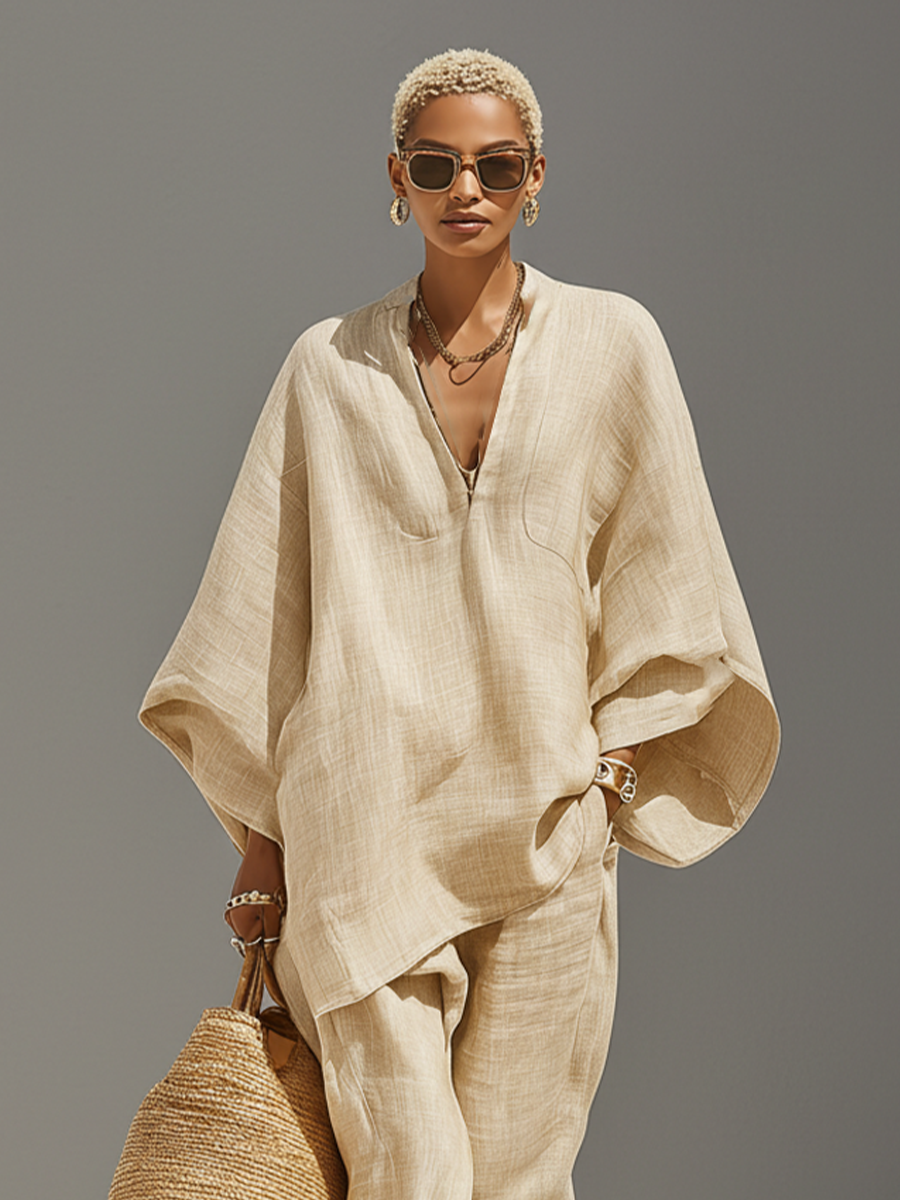 Conjunto Neutro de Lino para Mujeres con Dobladillo Asimétrico y Diseño Minimalista, Conjunto de Estilo Casual Refinado MDZ0501B3I