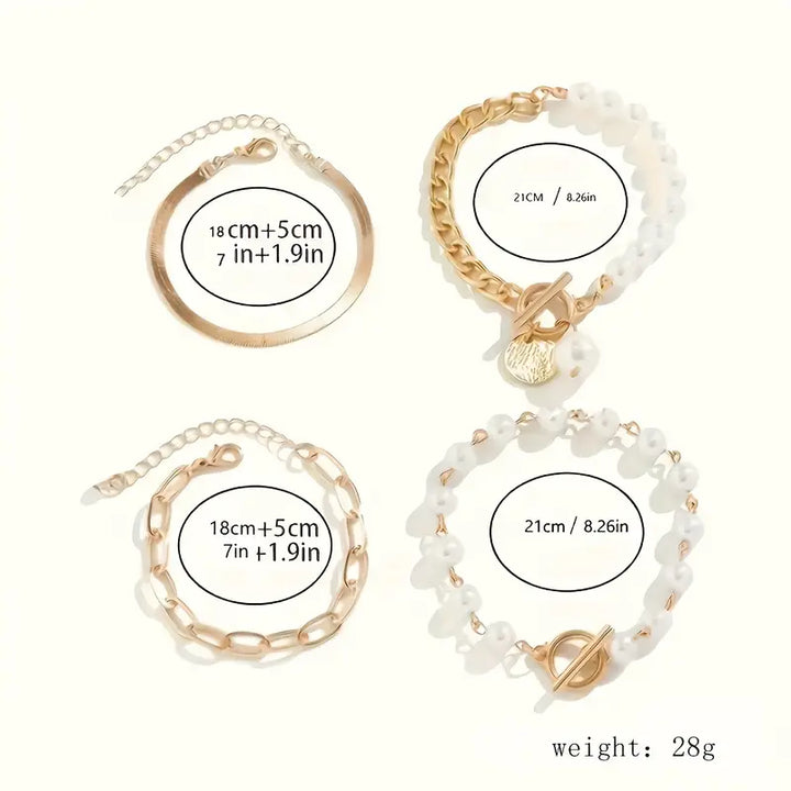 Conjunto de pulseras elegantes en oro (4 piezas) – serpiente, perlas y eslabones