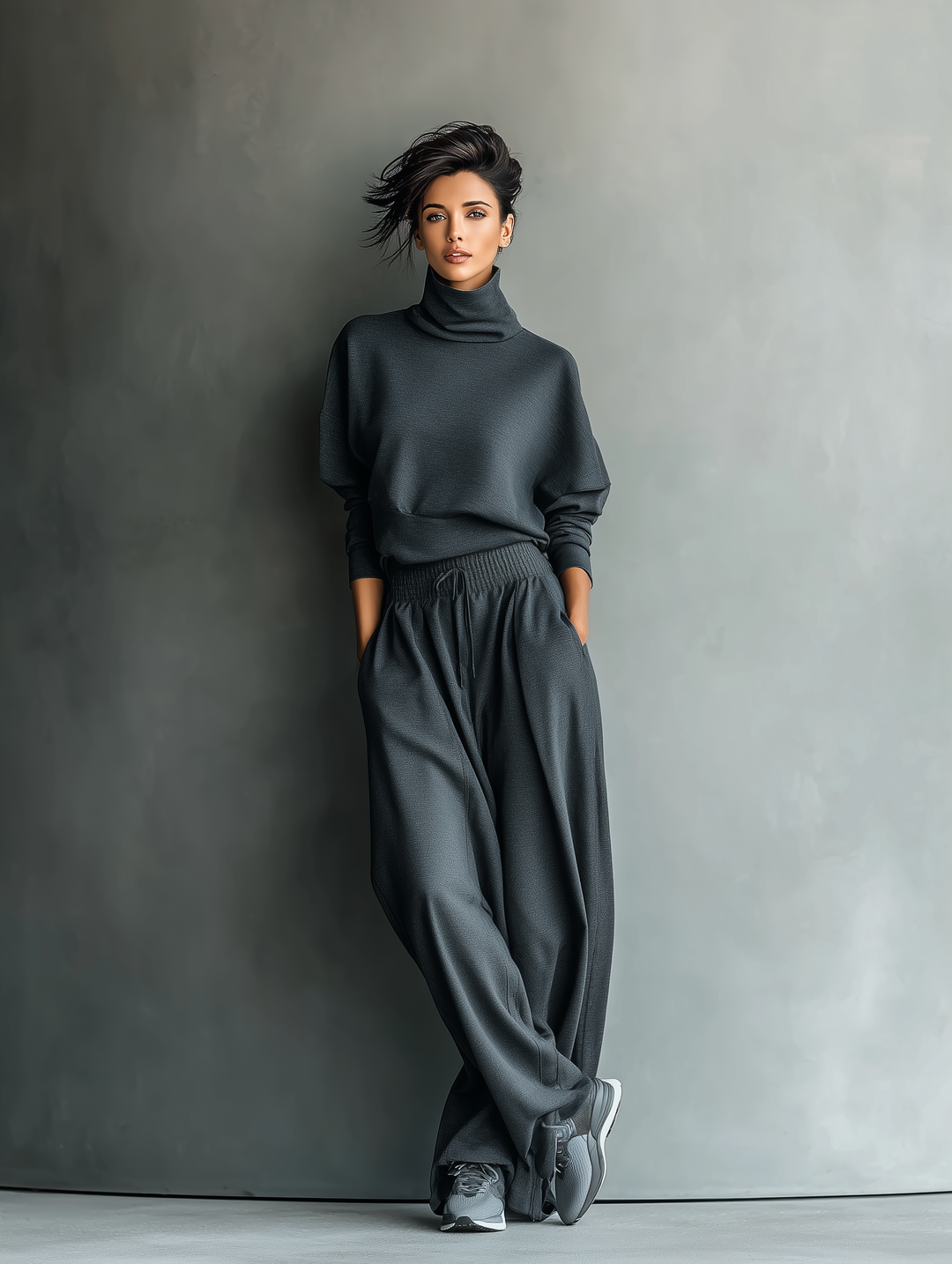 Conjunto de Top Oversized con Cuello Alto en Carbón y Pantalón Amplio para Mujeres MDA2435L7T