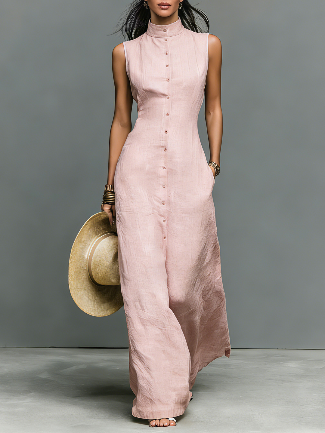 Vestido Maxi Sin Mangas de Mezcla de Lino Minimalista para Mujeres con Cuello Alto y Botonadura Única MDZ1049C1Y