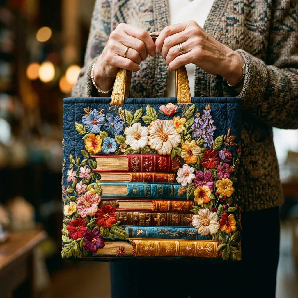 Bolsa artesanal – Impresión floral y libros