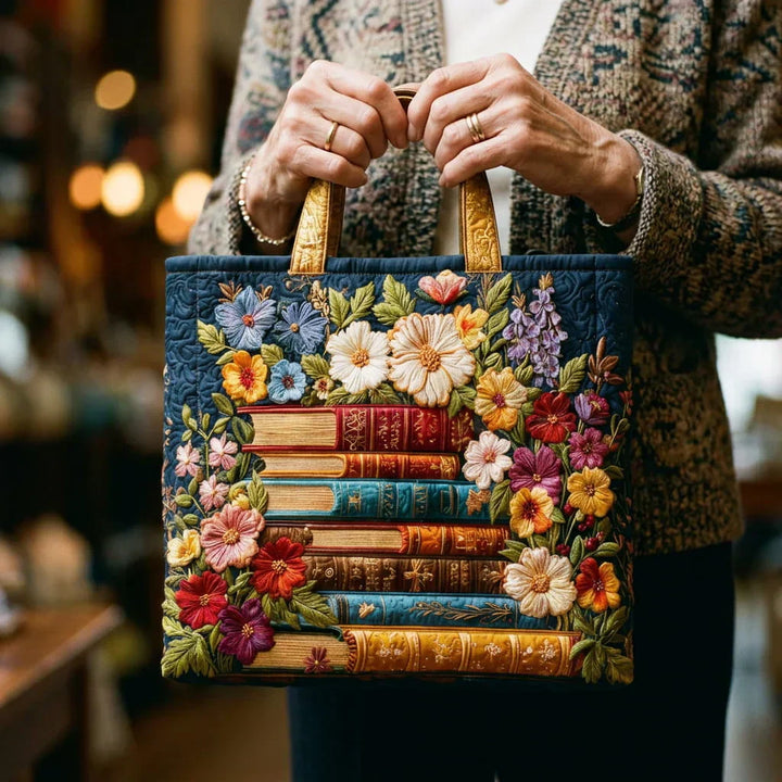 Bolsa artesanal – Impresión floral y libros