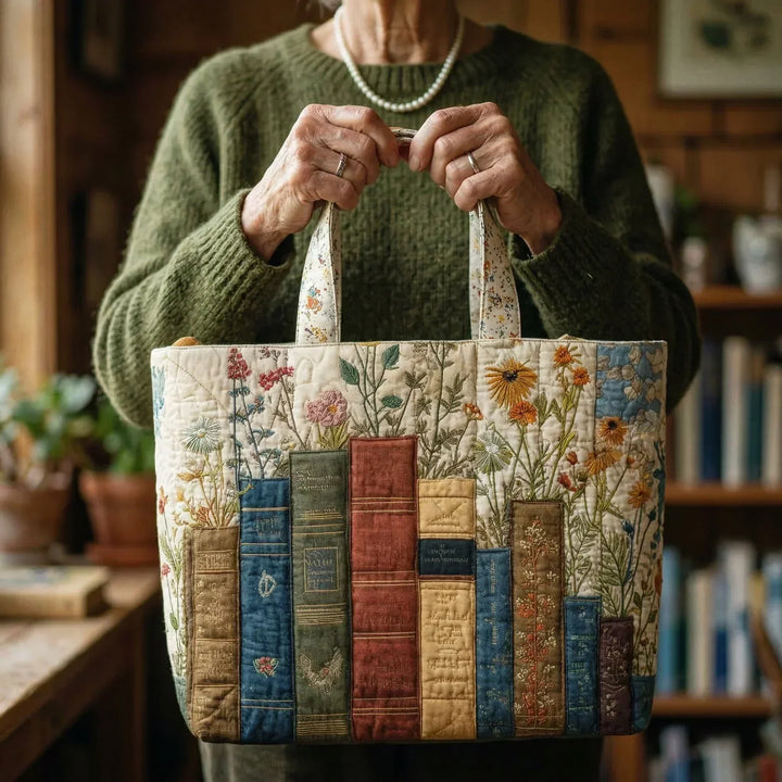 Bolsa de tela acolchada hecha a mano - Libros y Flores
