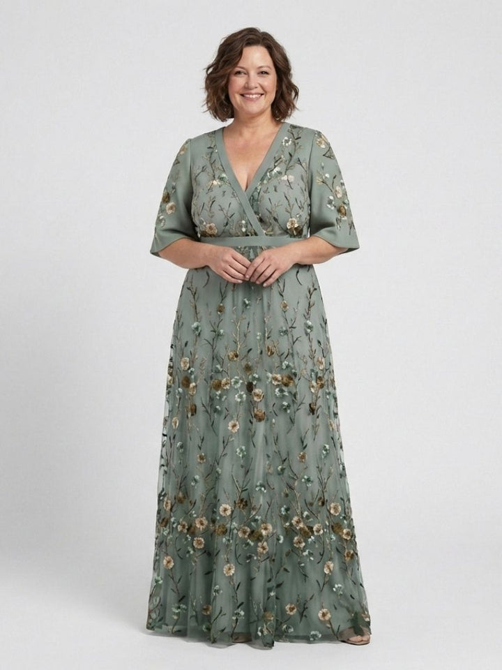 Evadne | Vestido maxi floral con escote en V y mangas cortas