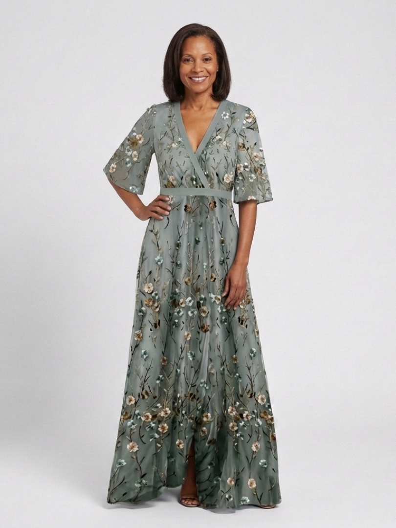 Evadne | Vestido maxi floral con escote en V y mangas cortas