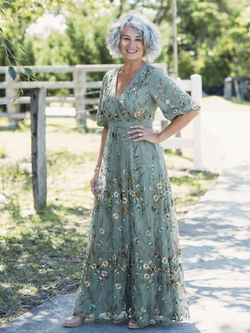 Evadne | Vestido maxi floral con escote en V y mangas cortas