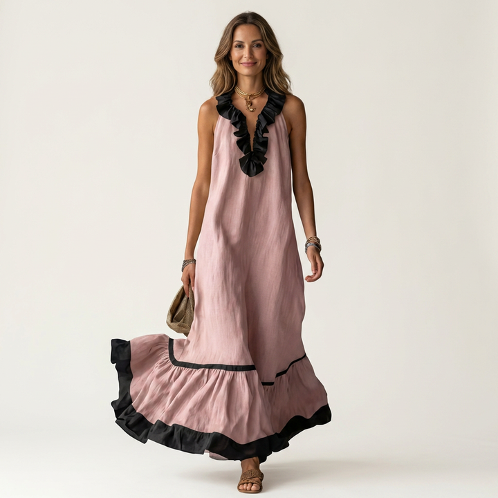 Mayline | Vestido Maxi Sin Mangas con Cuello Volante Contrastado