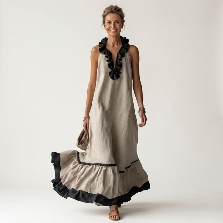 Mayline | Vestido Maxi Sin Mangas con Cuello Volante Contrastado