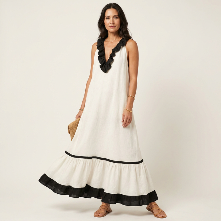 Mayline | Vestido Maxi Sin Mangas con Cuello Volante Contrastado