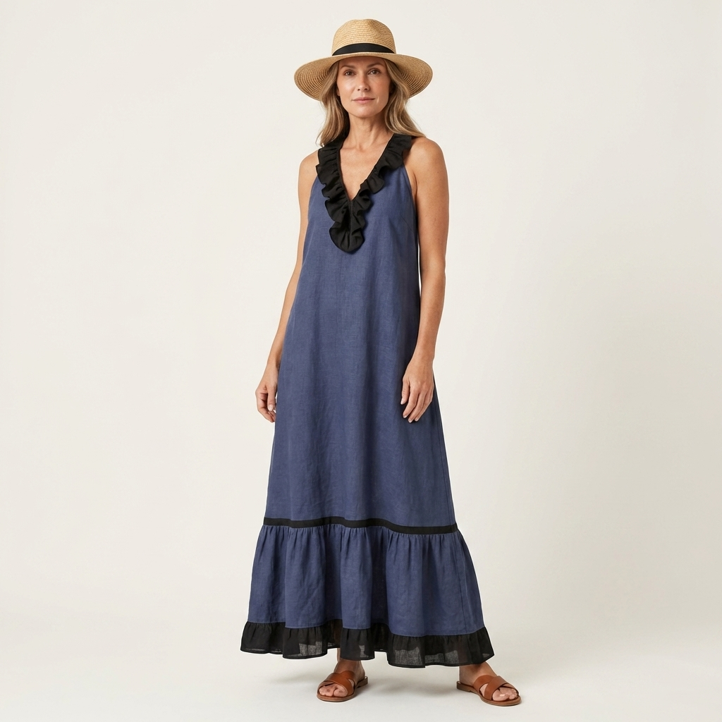 Mayline | Vestido Maxi Sin Mangas con Cuello Volante Contrastado