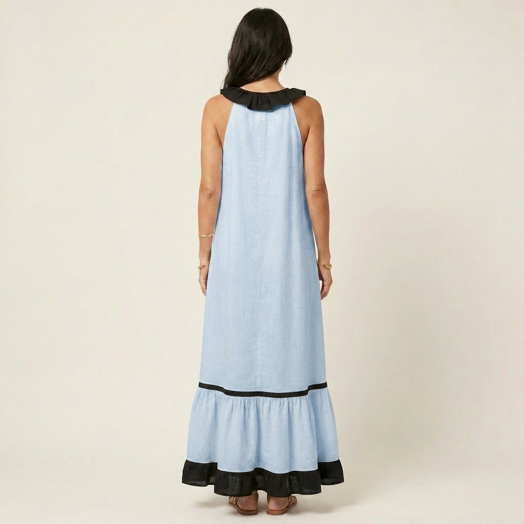 Mayline | Vestido Maxi Sin Mangas con Cuello Volante Contrastado
