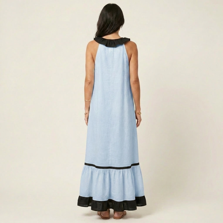 Mayline | Vestido Maxi Sin Mangas con Cuello Volante Contrastado